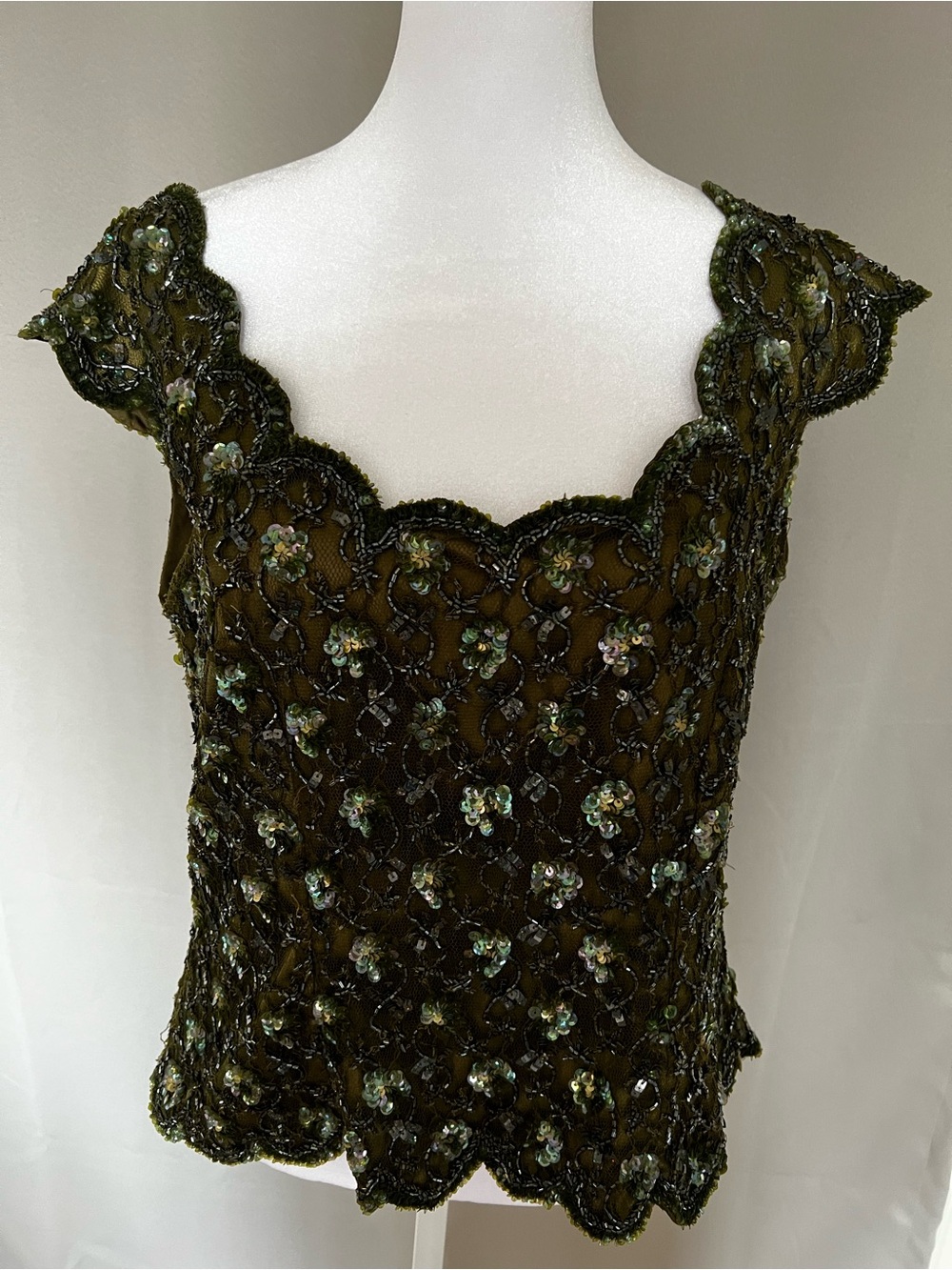 Frank Usher Sequined Olive  Green Scallop-Edge Evening Top